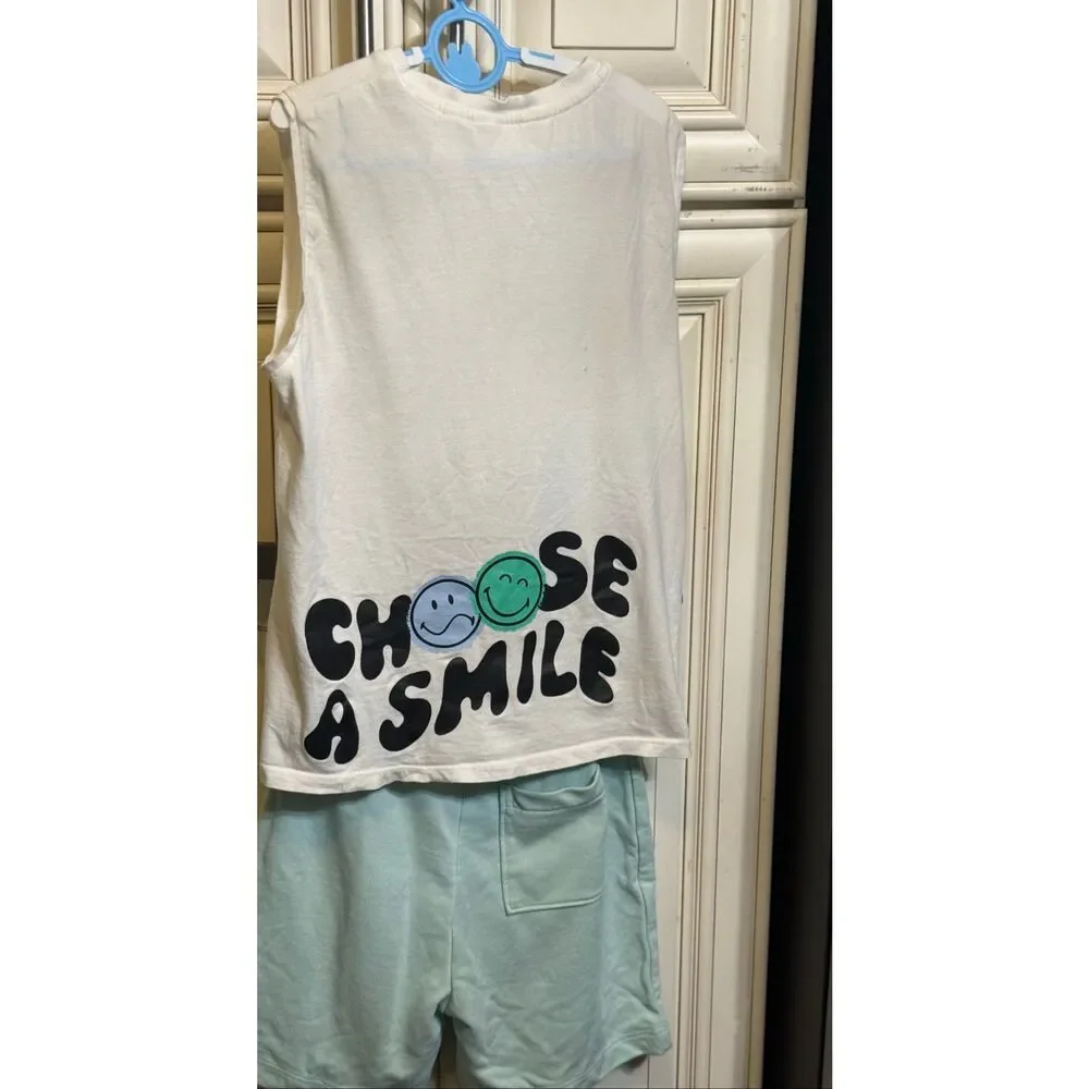 H&M Girls Smiley World Sleeveless Top and Short Outfit Sets White Green Size 6-7